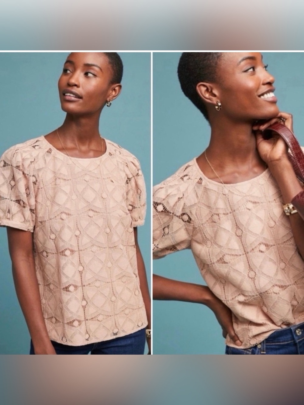 Anthropologie Maeve Dusty Pink Short Sleeve Lace Overlay Blouse
